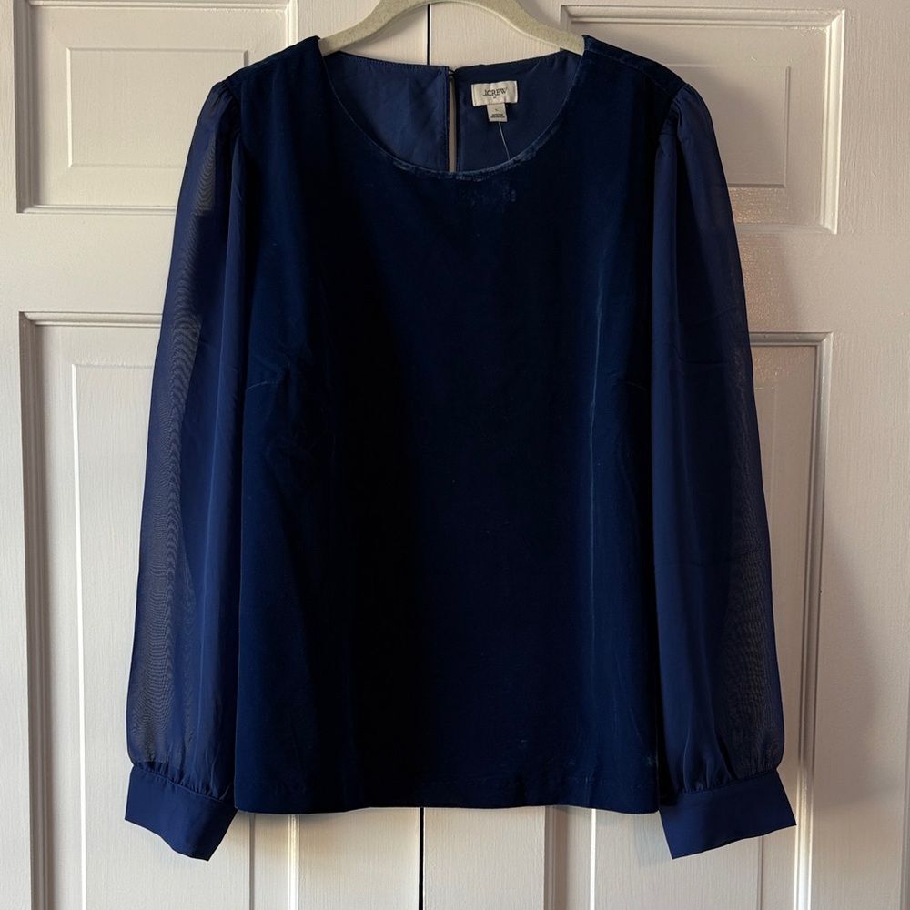 NWT J. Crew royal blue velvet sheer puff sleeve top size large holiday cocktail